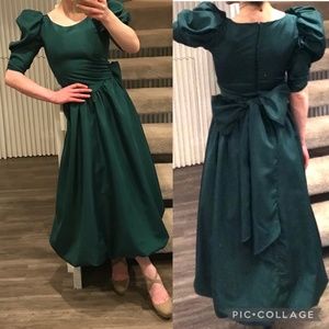 Green Formal Gown - Vintage Victorian Puff Sleeve Bow Dress, Size Small
